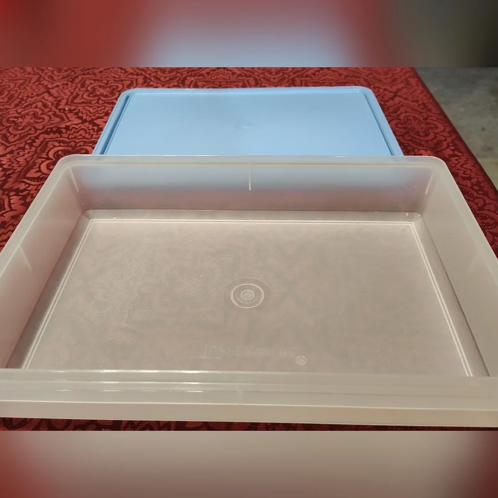 Vintage Tupperware light blue lid white container 15x10.5x2 Made In The USA